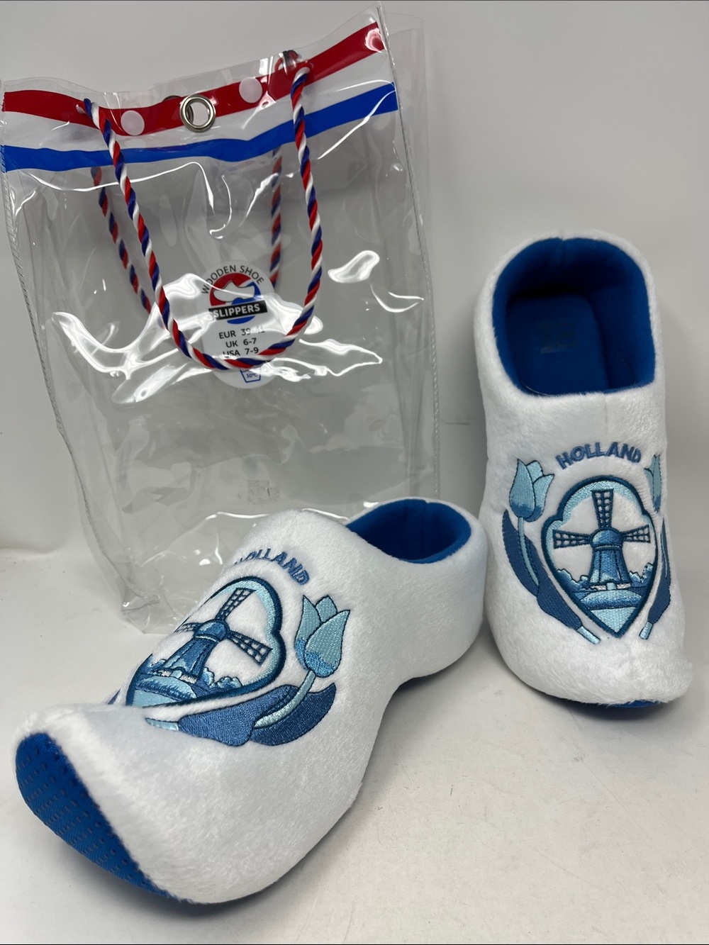 WOODEN SHOE SLIPPERS FOAM AND FLEECE EMBROIDERED WINDMILL AND TULIPS SZ 7-9 NEW